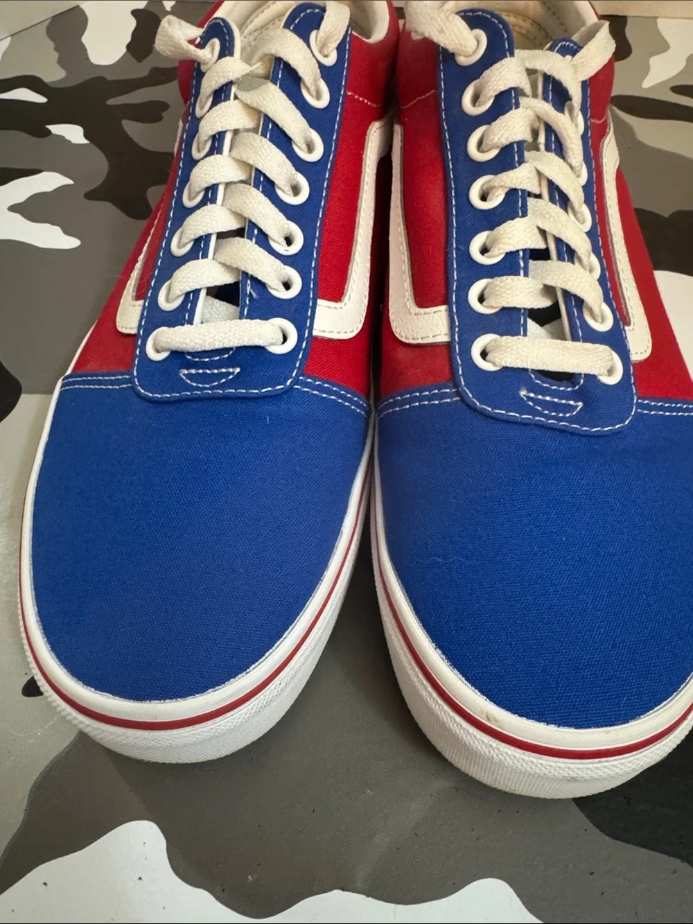 Vans Red and Blue Low-Top Skate Sneakers with Checkerboard Midsole